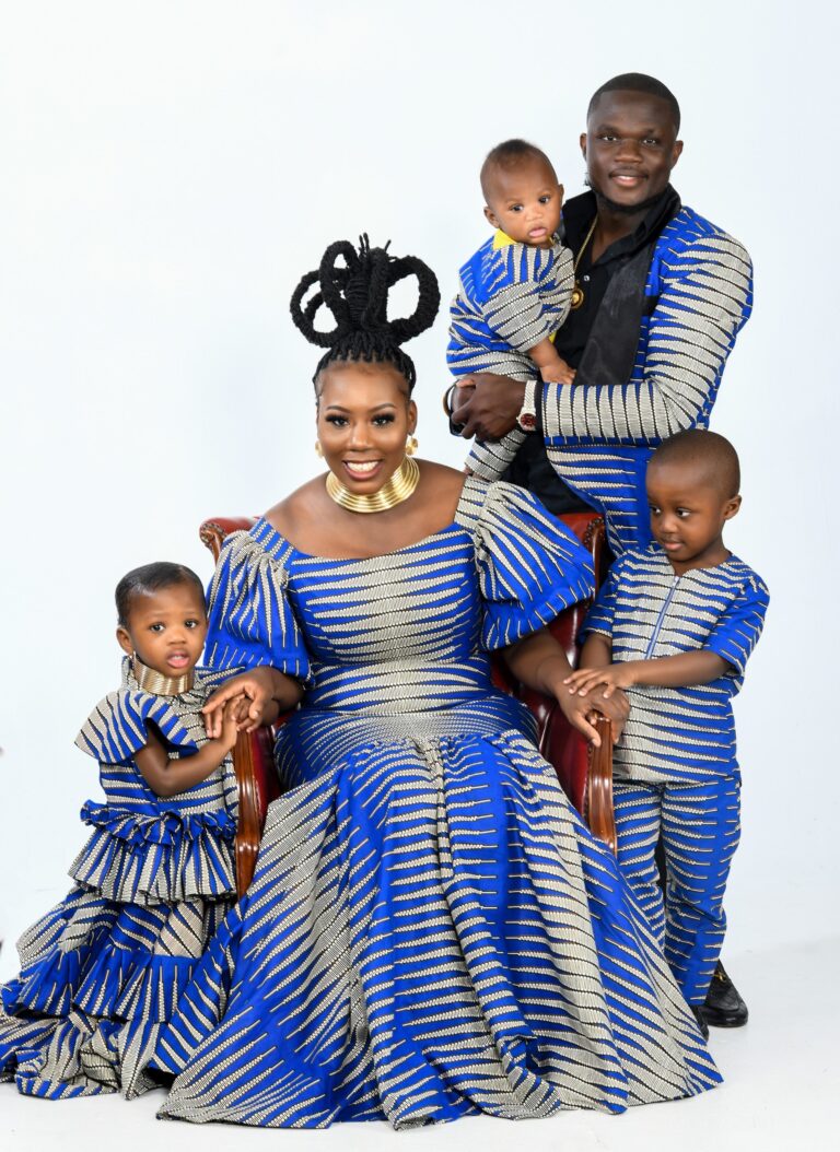 Family group in blue and yellow clothing