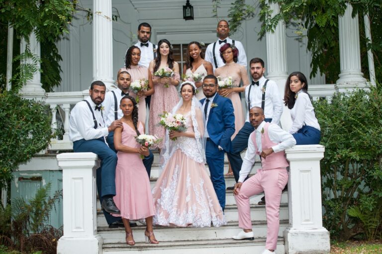 Wedding party posed on steps