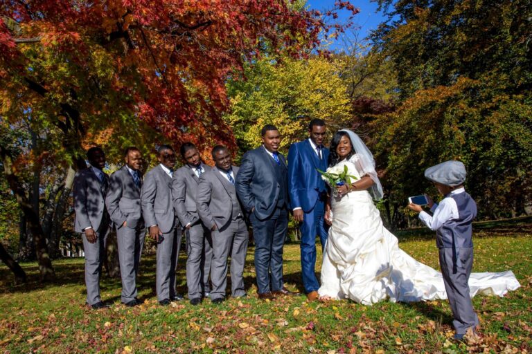 Wedding party outdoors in autumn