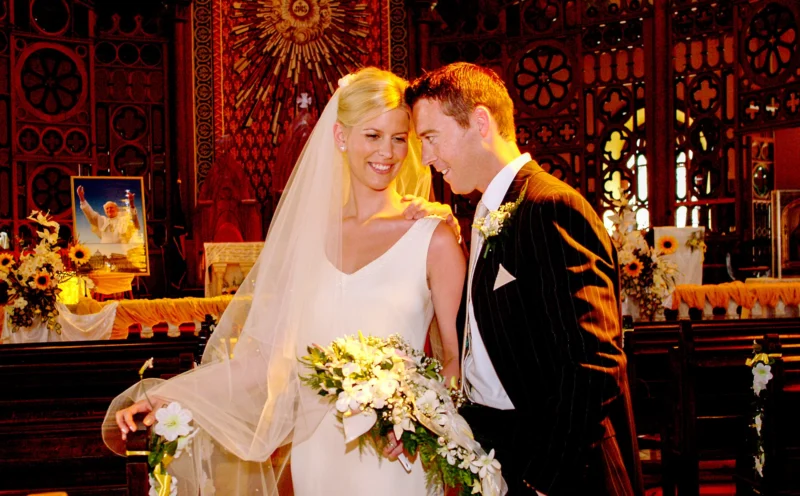 Bride and groom with a bouquet