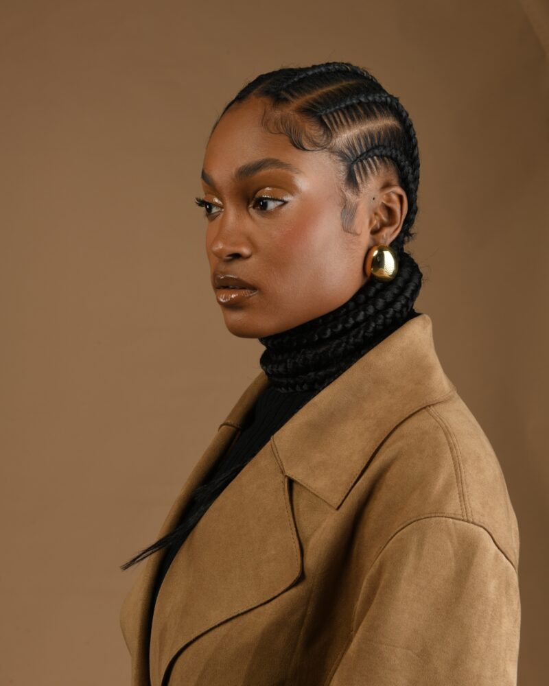 Studio fashion close-up with braided hair, a gold earring and a brown coat