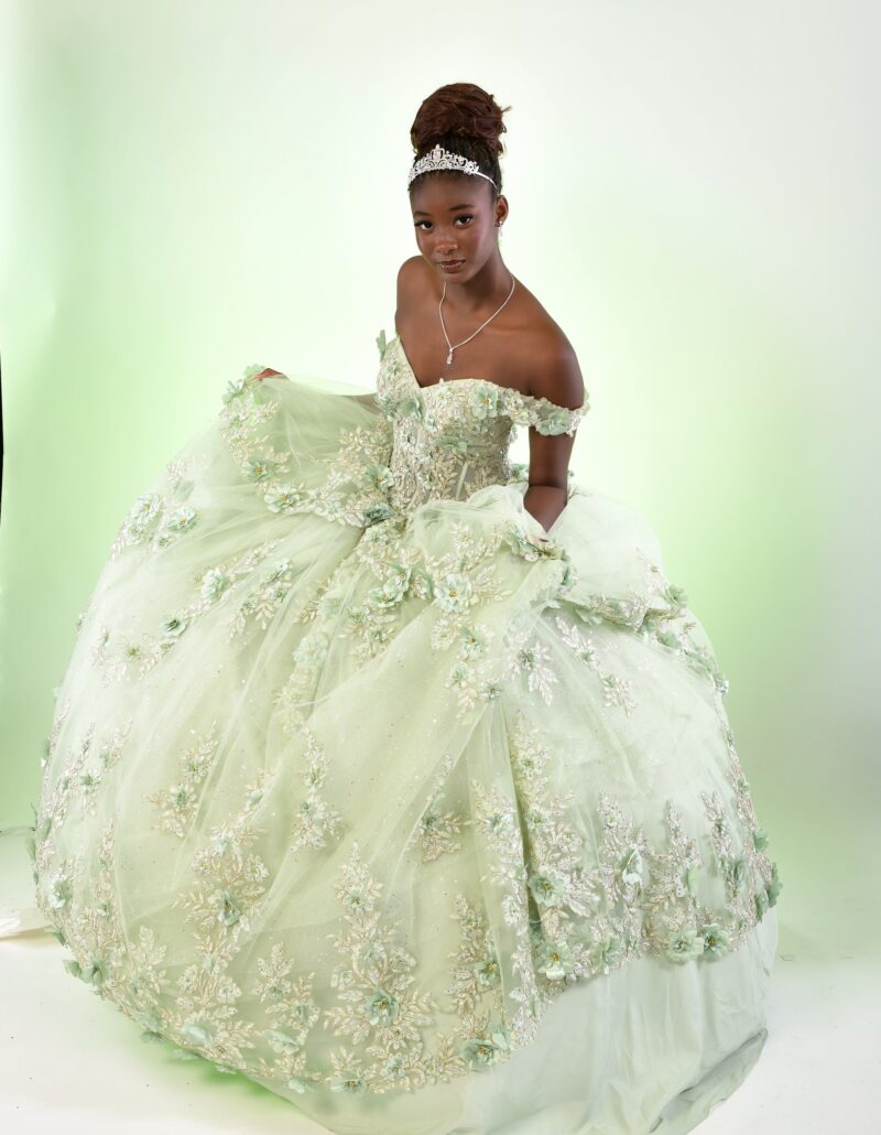 Seated studio portrait in a pale green embroidered gown and tiara