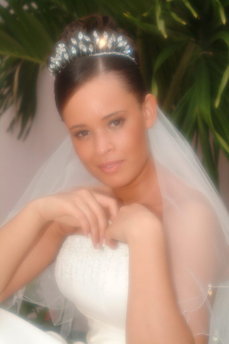 Soft-focus bridal portrait with a tiara and veil